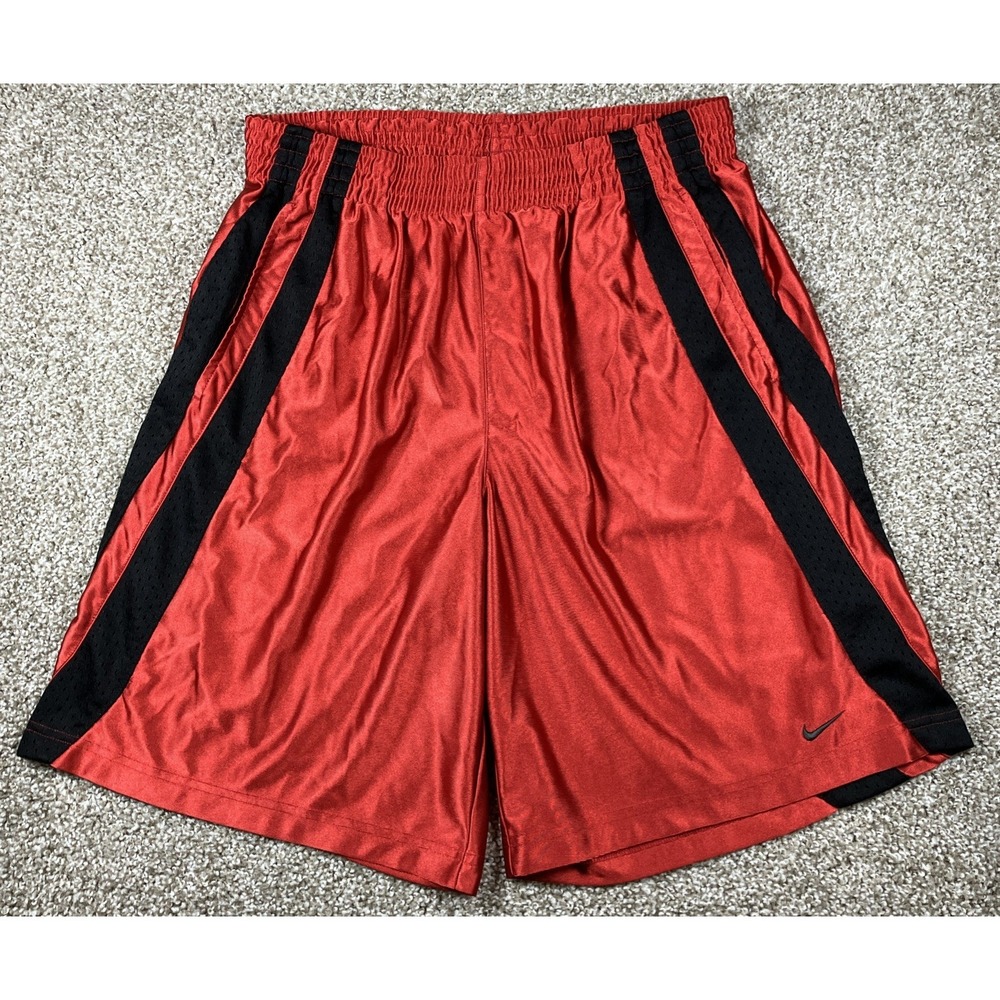 Y2K Nike Basketball Shorts Mens Large Red Shiny Dazzle Silky Loose Swoosh Baggy